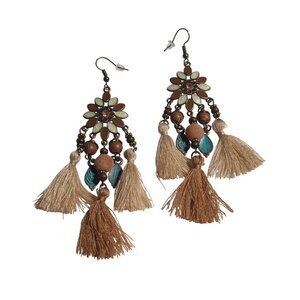 Boho Earrings Tassel Design Flower Beads Multicolor Bronze Hook Lightweight Gift